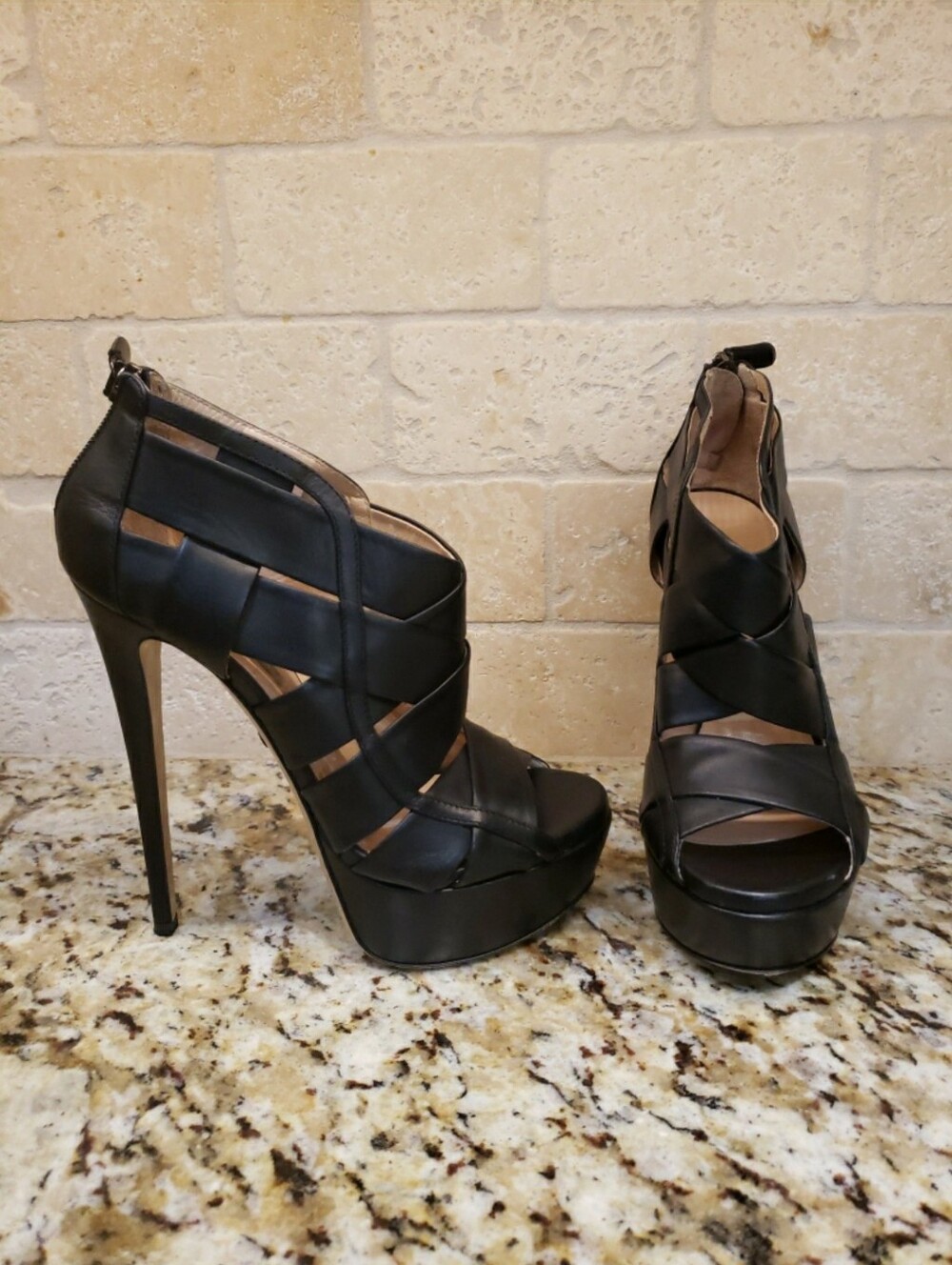 Ruthie Davis Black Woven Leather Platform Stiletto Sandals